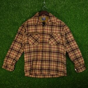 Vintage 70's Pendleton Virgin Wool USA Orange Yellow Red Plaid Button Up Shirt M